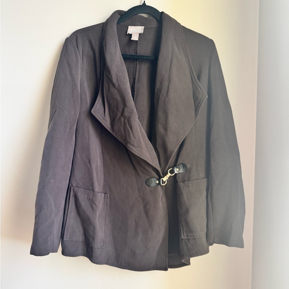 Chicos Chocolate Brown Open Front Jacket 1 Modern Equestrian Ring Clasp Blazer